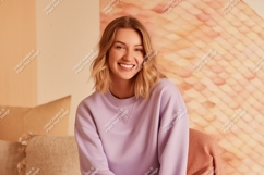 Woman wearing lavender sweatshirt smiling blonde Product Image 1