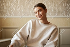 Woman wearing light grey sweatshirt indoors casual Product Image 1
