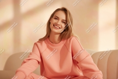 Young woman smiling wearing peach sweatshirt casual Product Image 1