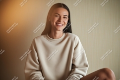 Woman wearing beige sweatshirt smiling casual Product Image 1