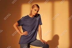 Woman wearing plain navy blue t-shirt and jeans Product Image 1