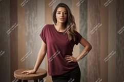 Woman wearing maroon t shirt casual Product Image 1