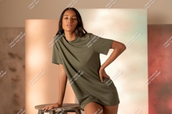 Woman wearing olive green t shirt image Product Image 1