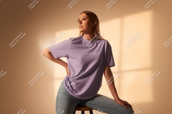 Woman wearing blue t-shirt black pants Product Image 1