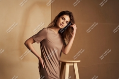 Woman in taupe t-shirt leaning on stool fashion Product Image 1