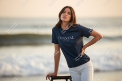 Woman wearing dark blue t-shirt on beach Product Image 1