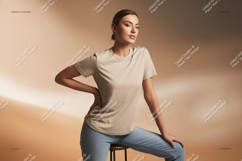 Woman wearing beige t-shirt and jeans Product Image 1