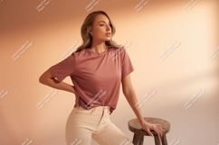 Woman Wearing Rose Colored T Shirt beige Product Image 1