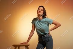 Young woman in teal shirt and jeans mockup denim Product Image 1