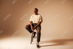 Man wearing ripped jeans and t shirt sitting stool Product Image 1