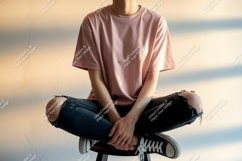 Pink shirt ripped jeans casual pose person Product Image 1