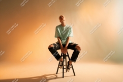 Person sitting on stool light blue shirt ripped jeans Product Image 1
