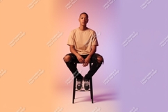 Man sitting on stool wearing ripped jeans image Product Image 1