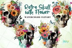 Retro Skull With Flower Watercolor Sublimation Clipart Product Image 1