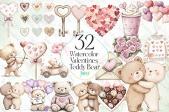 Watercolor Valentines Teddy Bear Clipart Product Image 1