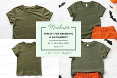 Mockup: kids' olive green t-shirt with orange shorts Product Image 1