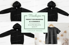 Mockup of kids' black hoodies and t-shirt Product Image 1