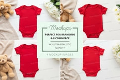Mockup of red baby onesies with stuffed animals and flowers Product Image 1