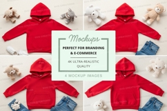 Mockup of red hooded sweatshirts with stuffed animals Product Image 1