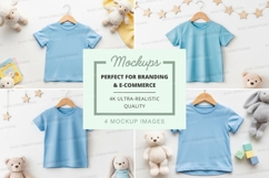 Mockup of blue t-shirts surrounded by stuffed animals Product Image 1