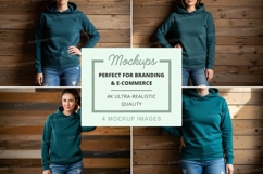 Hooded sweatshirt mockup in teal on wooden background Product Image 1