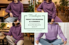 Purple hoodie mockup in cafe setting Product Image 1