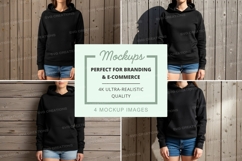 Black hoodie mockup with wooden background Product Image 1