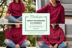 Red hooded sweatshirt mockup with model Product Image 1