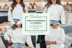 White crew neck sweatshirts mockup with women in kitchen set Product Image 1