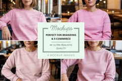 Pink sweatshirt mockup with models in cafe setting Product Image 1