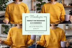 Mockup of yellow long-sleeve sweatshirts with people holding Product Image 1