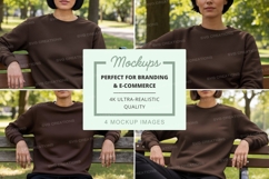 Brown sweatshirt mockup on person sitting on bench Product Image 1