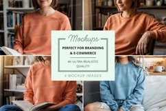 Sweatshirt mockup with people in a cozy library setting Product Image 1