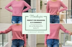 Pink long sleeve t-shirt mockup on female model Product Image 1