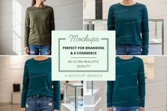 Long sleeve t-shirt mockup in olive and teal colors Product Image 1