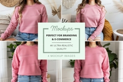 Pink long sleeve crew neck sweatshirt mockup Product Image 1