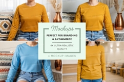 Long sleeve t-shirt mockup in yellow and blue Product Image 1