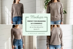 Long sleeve crew neck sweatshirt mockup in beige Product Image 1