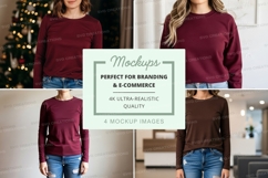 Women's long sleeve sweatshirt mockup in maroon and brown Product Image 1