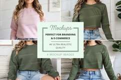 Long sleeve crop sweatshirt mockup in olive green and pinklo Product Image 1