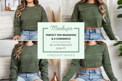 Long sleeve cropped sweatshirt mockup in olive green Product Image 1