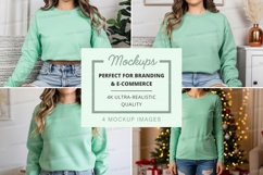 Long sleeve crop sweatshirt mockup in mint green Product Image 1