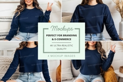 Long sleeve crew neck sweatshirt mockup in navy blue Product Image 1