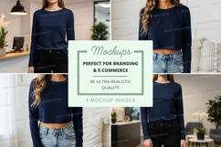 Crop top mockup - navy blue long sleeve crop top Product Image 1