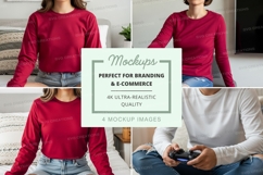 Four-person t-shirt mockup in casual living room setting Product Image 1