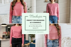 Long sleeve crop top mockup in pink Product Image 1