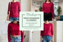 Mockup of women's long sleeve crop top in burgundy Product Image 1
