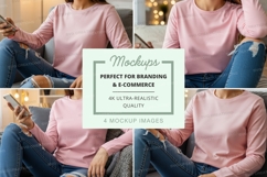 Long sleeve t-shirt mockup featuring women in casual setting Product Image 1