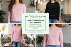 Long sleeve t-shirt mockup in pink and black Product Image 1