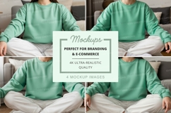 Mockup of green long sleeve crew neck sweatshirt with white Product Image 1